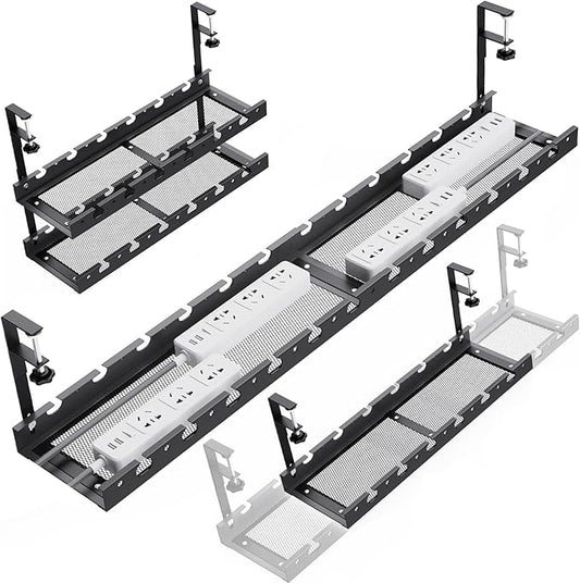 31Inch Extendable Under Desk Cable Management Tray Multi-Model Metal Cable Management Tray Under Desk Cord Management with Clamp Power Strip Cord Holder for Wire Cable Management, Black