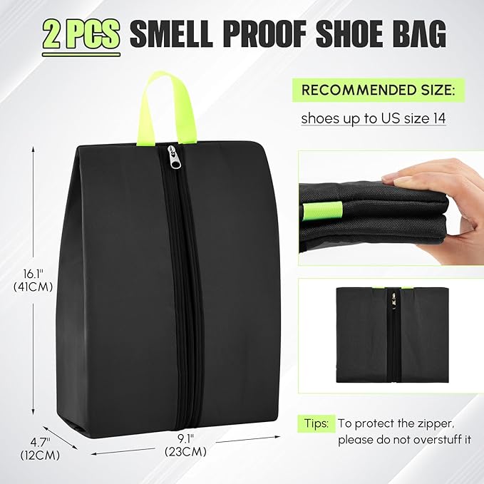 2 Pcs Smell Proof Cleat Bag for Sports, 4 Layer Odor Absorbing Soccer Football Baseball Golf Shoe Bag, Waterproof Mud Resistant Shoe Storage Pouch Fits up to Size 14 (Black)