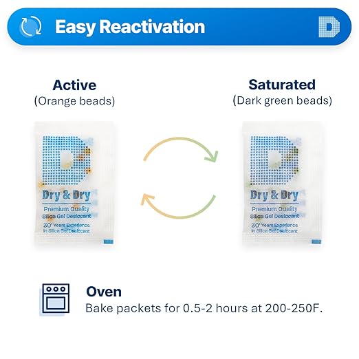 Dry & Dry Premium Orange Indicating Silica Gel Packets Desiccants - Food Safe Silica Gel Packets - Orange - 60 Packets (2 Gram)