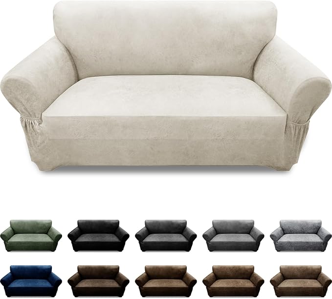 Loveseat Sofa Slipcover Leather Look Couch Covers for 2 Seater Couch Sofa 1-Piece Sofa Cover Stretch Furniture Protector with Elastic Bottom & Pockets(Loveseat, Beige)