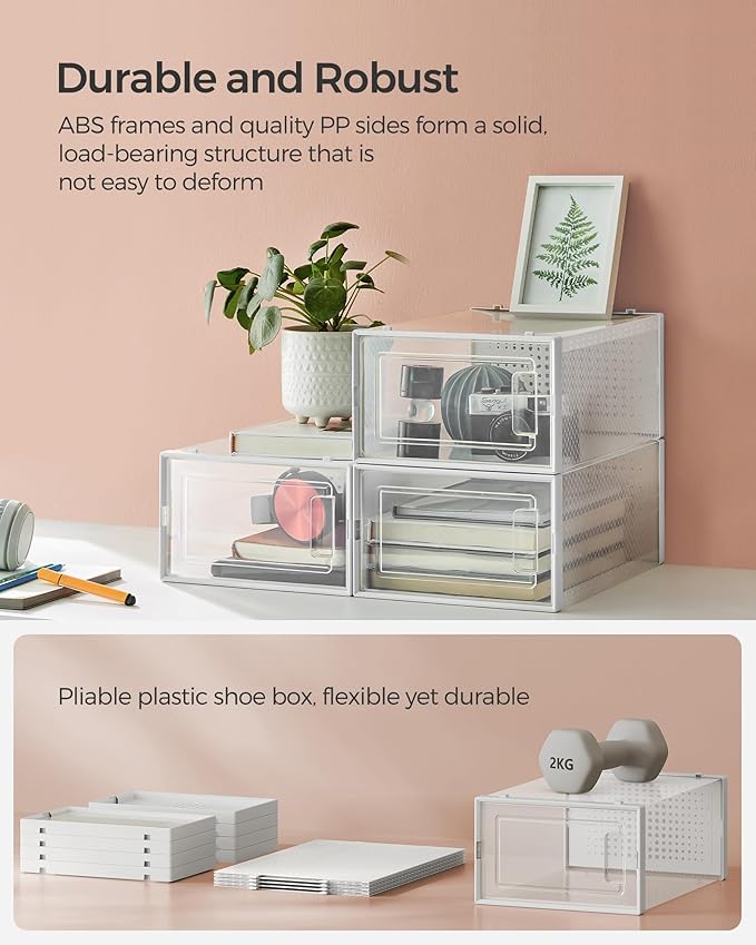 SONGMICS Shoe Boxes, Pack of 12 Shoe Storage Organizers, Stackable Clear Plastic Boxes for Closet, Sneakers, 13.1 x 9.1 x 5.6 Inches, Transparent and White ULSP12SWT