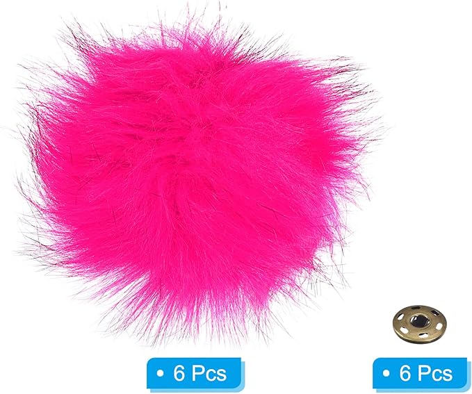PATIKIL Faux Fur Pom Poms for Hats, 6 Pcs Fluffy Soft Fur Balls With Snap Button for Keychain Knitting Hats DIY Scarves Gloves Bag Christmas, Rose Red