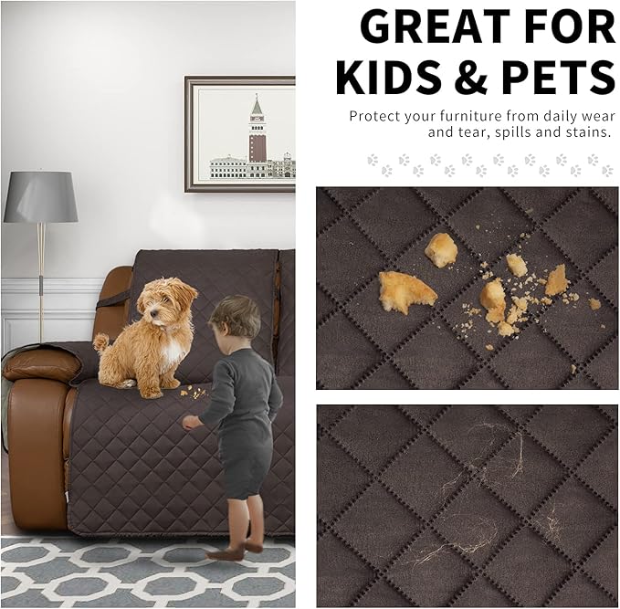 Easy-Going Loveseat Recliner Cover, Reversible Couch Cover for Double Recliner, Split Sofa Cover for Each Seat, Furniture Protector with Elastic Straps for Kids, Dogs, Pets(2 Seater, Chocolate/Beige)