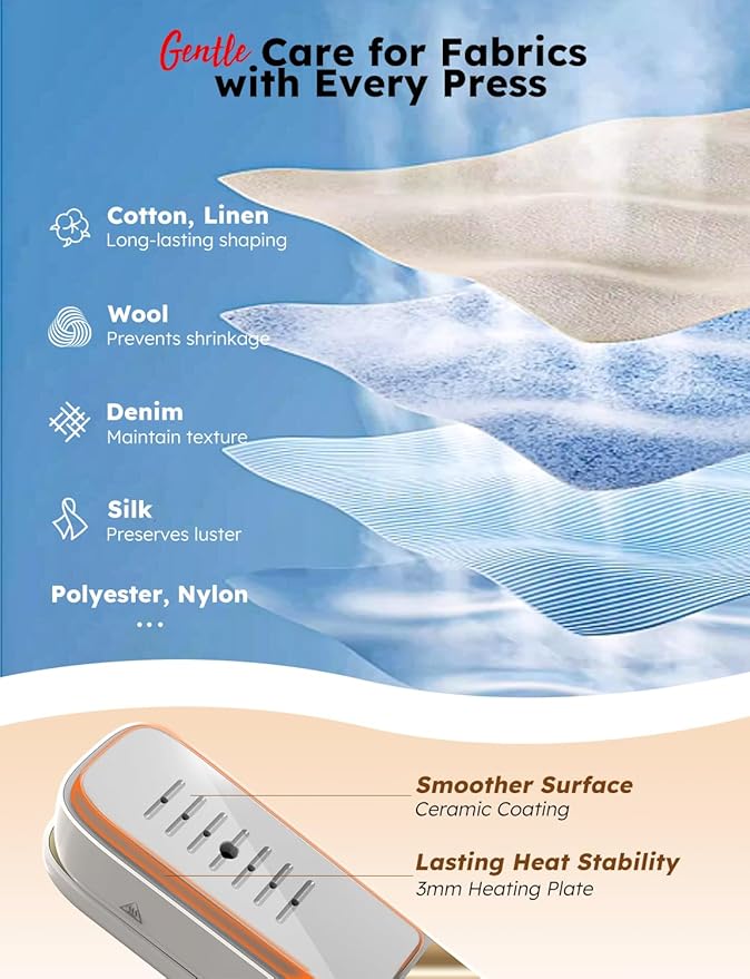 Travel Steamer Iron Portable, Rylena 180° Rotatable Handheld Press Iron for Clothes, No Ironing Board Needed, 2X Larger Leak-Proof Tank, Gentle&Quick De-Wrinkle, Crisp Crease, 3 Temp, Optional Steam