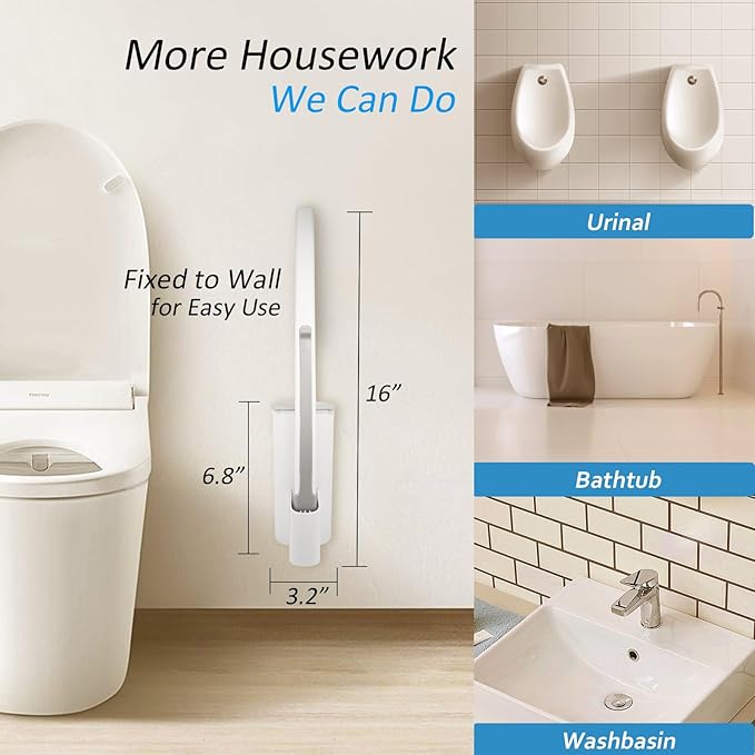 Disposable Toilet Brush and Holder Set with 16 Refills, Toilet Bowl Brush Cleaner Long Handle Wand, Compact Bathroom Toilet Scrubber Cleaning Supplies Wall Mounted for Bath Tub Sink Washbasin, White