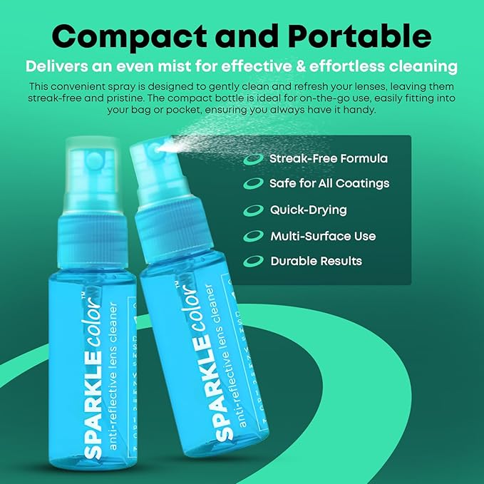 Sparkle Anti-Reflective Safe Lens Cleaner Spray Kit - (2) 1oz Glasses Cleaner Bottle & (2) Microfiber Cloth for Eyeglasses, Sunglasses, Lenses, Screens and Camera Cleaning Kit (4 Piece Set)