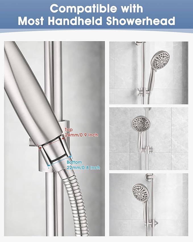 Shower Slide Bar with Adjustable Handheld Shower Head Holder, 25 Inch SUS304 Stainless Steel Shower Rail, Replacement for RV, Camper, Hotel & Bathroom, Polished Brushed Nickel