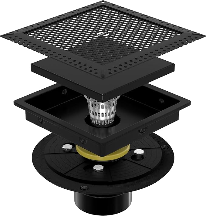 6 Inch Square Black Shower Drain with Flange,Modern Floor Drain with 2-in-1 Cover Tiled Insert Grate,SUS 304 Stainless Steel