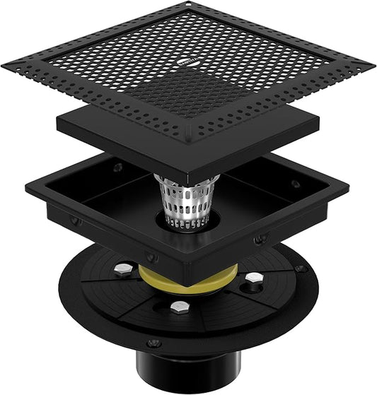 6 Inch Square Black Shower Drain with Flange,Modern Floor Drain with 2-in-1 Cover Tiled Insert Grate,SUS 304 Stainless Steel