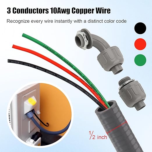 1/2Inch Outdoor Electrical Whips Kit, 4 FT Nonmetallic Liquid Tight Flexible Conduit Wire with 3 Conductors 10 Gauge THHN Electrical Wires, A/C Disconnect Box Power Whips Assembly (4FTx1/2Inch)