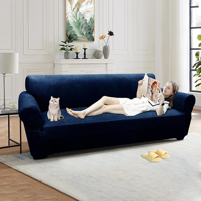Couch Cover Leather Look 3 Seater Couch Sofa Cover 1-Piece Sofa Slipcover Stretch Furniture Protector with Elastic Bottom & Pockets(Sofa, Navy)