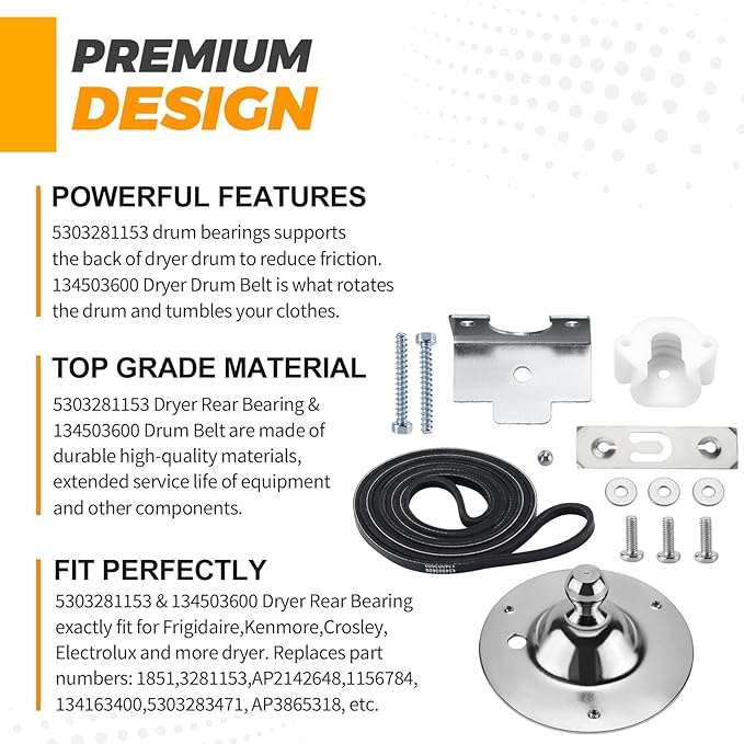 Upgraded 5303281153 Dryer Rear Drum Bearing & 134503600 Dryer Drum Belt Kit by Techecook - Compatible for Frigidaire Kenmore Dryers - Replaces PS459829 AP2142648 PS1148434 134163400