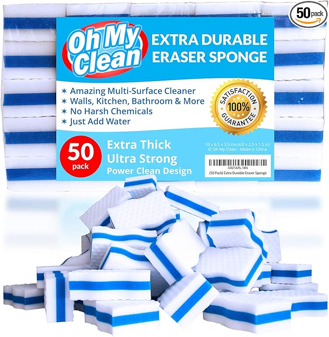 (50 Pack) Extra Durable Eraser Sponge – Extra Thick, Long Lasting Magic Melamine Cleaning Sponges in Bulk – Foam Pads for Walls, Kitchen, Bathroom, Floor & Baseboard Cleaner
