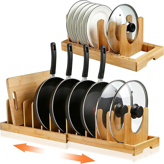 Bamboo Pots and Pans Organizer under Cabinet, Expandable Pot lid Holder Rack and cutting board organizer, Adjustable Bakeware Cookie Sheet Tray for Kitchen Storage