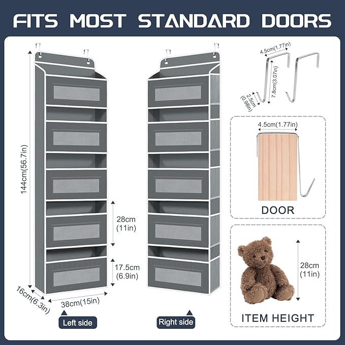 1 Pack 5-Tier Over the Door Organizer with 5 Large Side Pockets, 40lb Ultra Sturdy Large Capacity Behind the Door Storage, Stuffed Animal Storage for Pantry Bathroom Closet Baby Essentials(Grey)