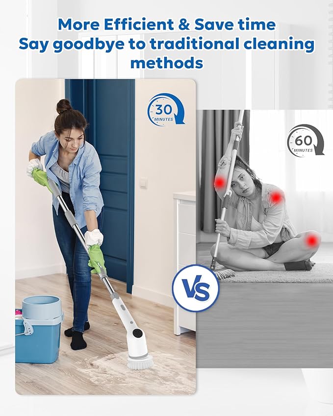 Electric Spin Scrubber for Bathroom,Shower Cleaning Brush,Cordless Shower Scrubber with 8 Replaceable Brush Heads and Adjustable Extension Handle,3 Adjustable Speeds for Kitchen Car, White