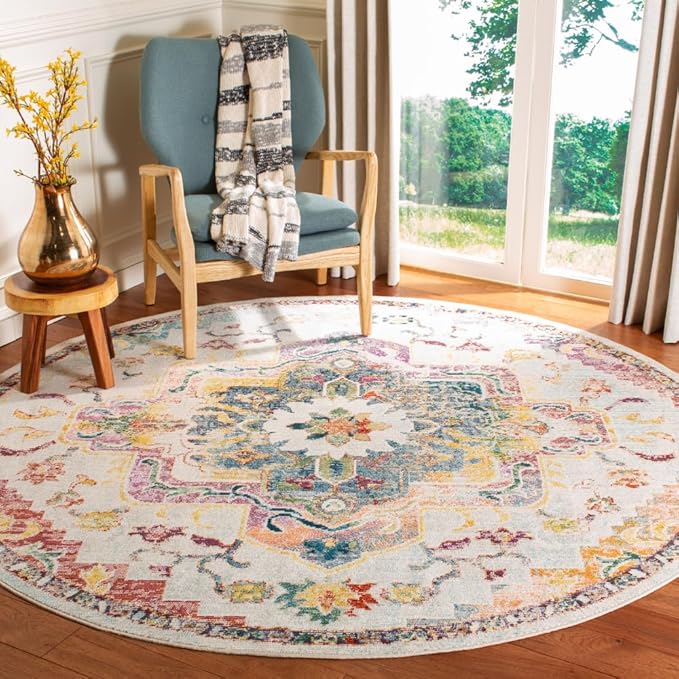 SAFAVIEH Crystal Collection 7' Round Light Blue/Grey CRS501M Boho Chic Oriental Medallion Distressed Non-Shedding Dining Room Entryway Foyer Living Room Bedroom Area Rug