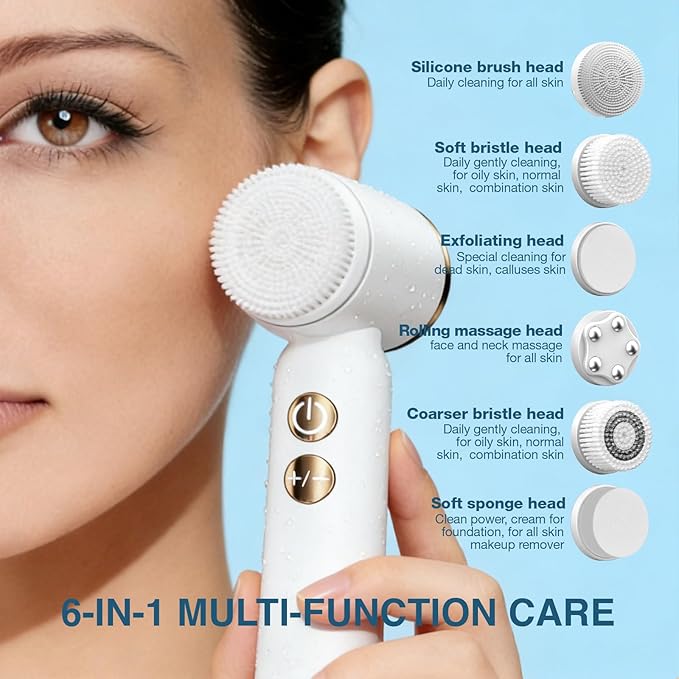 Electric Face Scrubber & Facial Cleansing Brush - 6-in-1 Exfoliating Face Scrubber Kit, 3 Speeds, IPX6 Waterproof Face Brush for Deep Cleaning, Massage & Gentle Exfoliation-Milk White