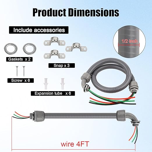 1/2Inch Outdoor Electrical Whips Kit, 4 FT Nonmetallic Liquid Tight Flexible Conduit Wire with 3 Conductors 10 Gauge THHN Electrical Wires, A/C Disconnect Box Power Whips Assembly (4FTx1/2Inch)