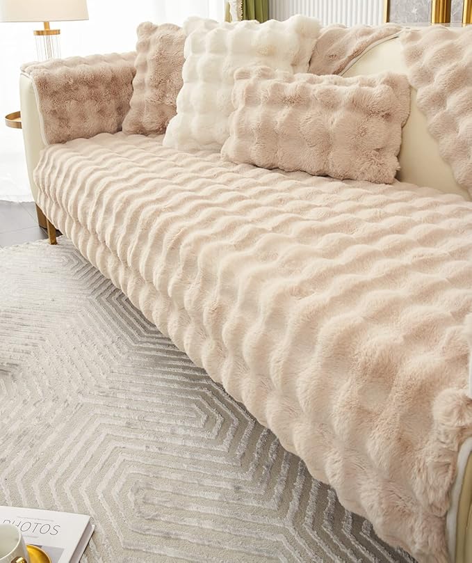 Soft Warm Faux Fur Couch Sofa Cover Thick Shaggy Fuzzy Sectional Couch Cover Non-Slip Solid Color Plush Sofa Slipcover Furniture Protector for Kids, Pets (Light Brown,28"x35")
