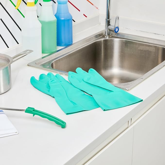Restaurantware Green Cleaning Gloves 10 Pairs 15 Mil Thick XXL Heavy-Duty Nitrile Gloves With Long Cuff No-Latex Flock Lining For Use In Hospitals, Laboratories, Kitchens and Households