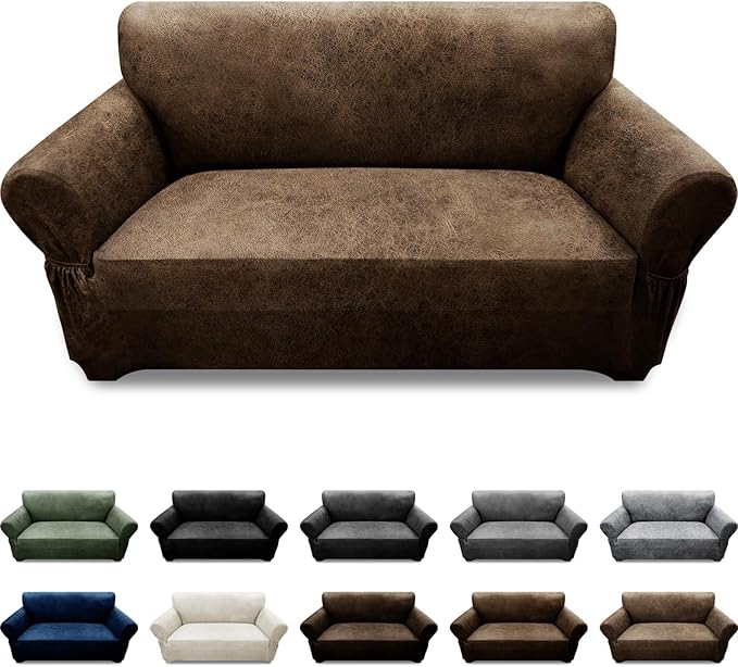 Loveseat Sofa Slipcover Leather Look Couch Covers for 2 Seater Couch Sofa 1-Piece Sofa Cover Stretch Furniture Protector with Elastic Bottom & Pockets(Loveseat, Brown)