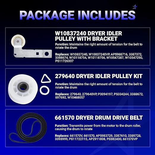 BlueStars 661570V 661570 & 279640 & W10837240 Dryer Drum Belt Idler Pulley and Pulley Kit - Compatible with Whirlpool Maytag Kenmore Dryers WED9200SQ0 WED5600XW0 WED9200SQ0 GEW9250PW1