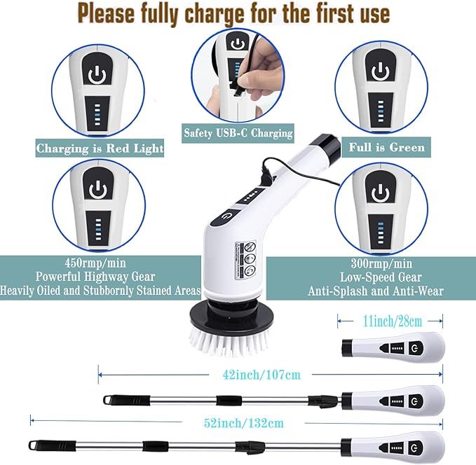 Electric Spin Scrubber,Cordless Cleaning Brush 9-in-1Replaceable Brush Head,2 Rotat Speed,Shower Scrubber with Adjustable Detachable Exten Handle,2025 New Power Cleaning Brush for Kitchen,Bathroom