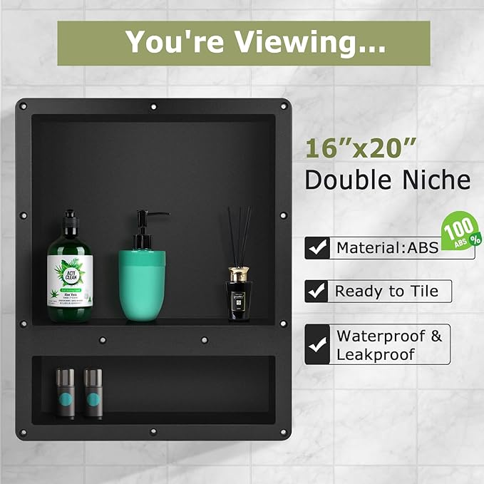 Suteck Shower Niche Double Shelf, 16-Inch Width x 20-Inch Height x 4-Inch Depth, Recessed Shower Niche Ready for Tile (Inner Size: Length 12"+4", Width 14") Niche for Shower Bathroom Storage