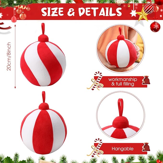 2 Pcs Christmas Pillows 7 Inch Round Christmas Ornament Shaped Throw Pillow Cute 3D Ball Xmas Throw Cushion Decoration for Bed Couch Sofa Chair Living Room(Red and White)