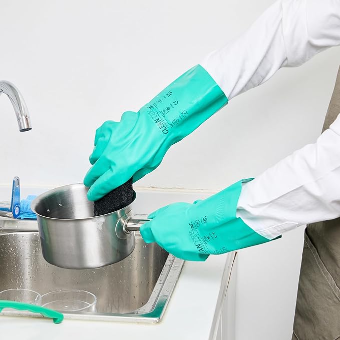 Restaurantware Green Cleaning Gloves 10 Pairs 15 Mil Thick XXL Heavy-Duty Nitrile Gloves With Long Cuff No-Latex Flock Lining For Use In Hospitals, Laboratories, Kitchens and Households