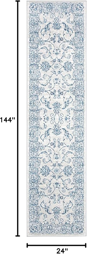SAFAVIEH Brentwood Collection Runner Rug - 2' x 12', Light Grey & Blue, Oriental Floral Scroll Design, Non-Shedding & Easy Care, Ideal for High Traffic Areas in Living Room, Bedroom (BNT854G)