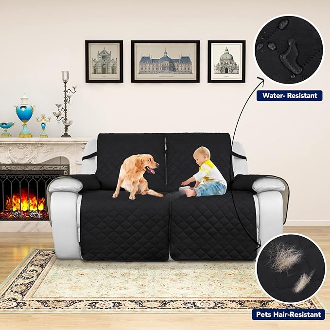 PureFit Water Resistant Reversible Sofa Covers for Reclining Sofa 2 Seat - Non Slip Split Recliner Couch Cover for Double Recliner, Washable Furniture Protector for Kids, Dogs (2 Seat, Black/Beige)