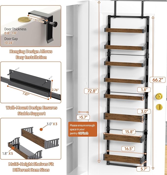 Over the Door Pantry Organizer: Storage and Pantry Organization with Hanging Basket - 8-Tier Metal Spice Rack Adjustable Shelves for Kitchen Laundry Room Bedroom & Bathroom Black