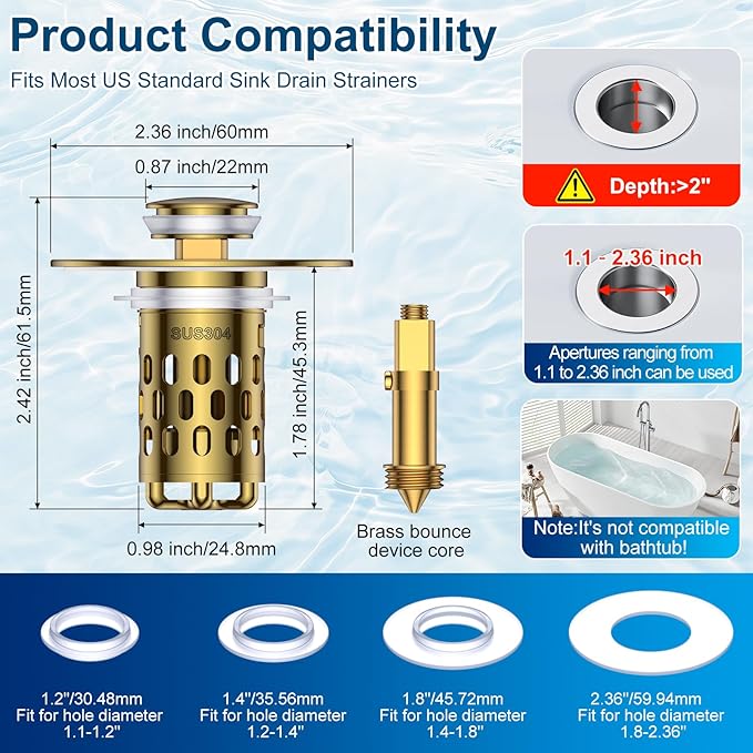 Bathroom Sink Stopper,All Metal Pop-Up Sink Drain Strainer with Removable Stainless Steel Filter Basket, Universal Bathroom Hair Catcher Fit for 1.1-2.36'' Drain (Gold, 2 Pack)
