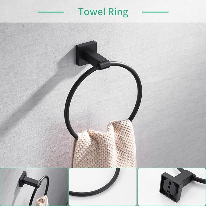 Miyili Matte Black 5-Piece Bathroom Hardware Kit Set Stainless Steel Wall Mount - Includes Double Towel Bar, Hand Towel Rack, Toilet Paper Holder, 2X Robe Hook, BS02B5