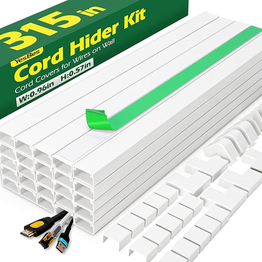 AZEN Cord Hider Kit, 315in Cord Covers for Wires on Wall, Paintable Wire Covers for Cords on Wall, Wire Hiders for TV on Wall, Self-Adhesive Cable Hider Cord Organizer, 20X L15.75X W0.96x H0.57in