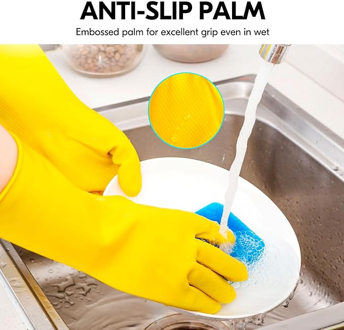Vgo... 1-Pair Reusable Household Gloves, Rubber Dishwashing gloves, Extra Thickness, Long Sleeves, Kitchen Cleaning, Working, Painting, Gardening, Pet Care (Size M, Yellow, HH4601)