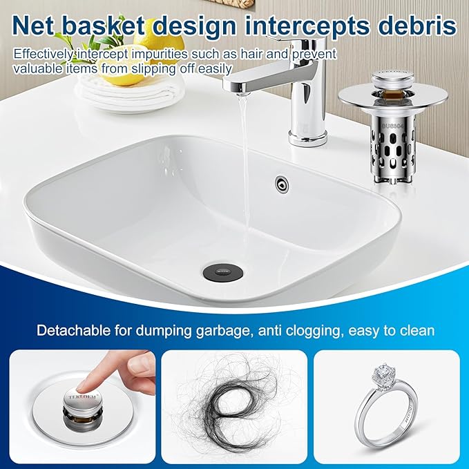 Bathroom Sink Stopper,All Metal Pop-Up Sink Drain Strainer with Removable Stainless Steel Filter Basket, Universal Bathroom Hair Catcher Fit for 1.1-2.36'' Drain (Silver, 1 Pack)