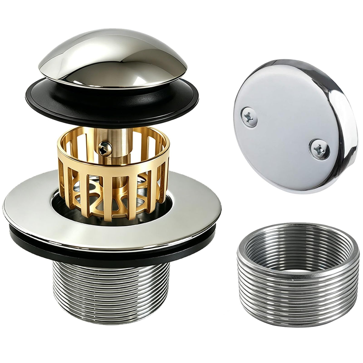 Tub Drain and Overflow Kit, Pop-Up Stopper with Hair Catcher - Image 1