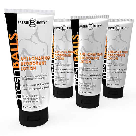 FRESH BALLS Lotion (4 Pack) | Anti-Chafing Men's Soothing Cream to Powder Balls Deodorant and Hygiene for Groin Area, 3.4 fl oz