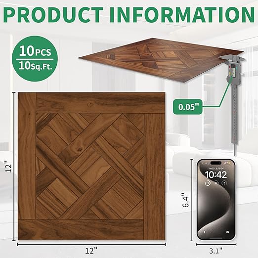Peel and Stick Floor Tile 10-Pcs Cover 10 Sq.Ft, Vinyl Flooring Tiles 12” x 12” Matte Self Adhesive Flooring Stickers Waterproof Removable for Renter, Bathroom Living Room, Dark Brown