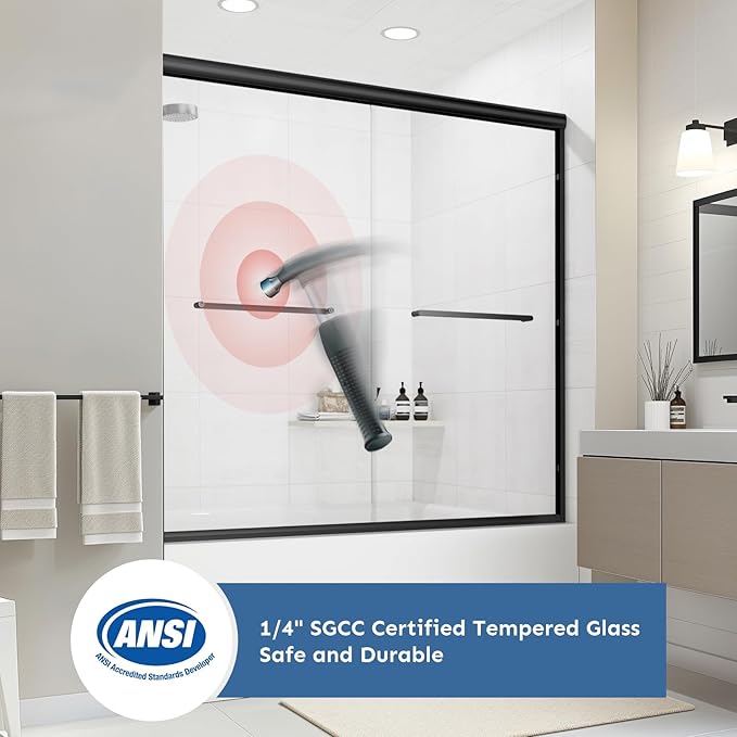 Bathtub Shower Door - 58-60" W×59" H Adjustable Aluminum Frame - 1/4 Tempered Glass - 4 Aluminum Rollers - Sliding Glass Door for Tub