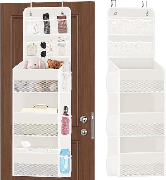 5-Tier Over the Door Organizer with Mesh Pockets, Baby Nursery Storage for Closet, Bathroom and Bedroom, Adjustable Hanging Closet Organizer for Cosmetics, Books and Essentials (Beige)