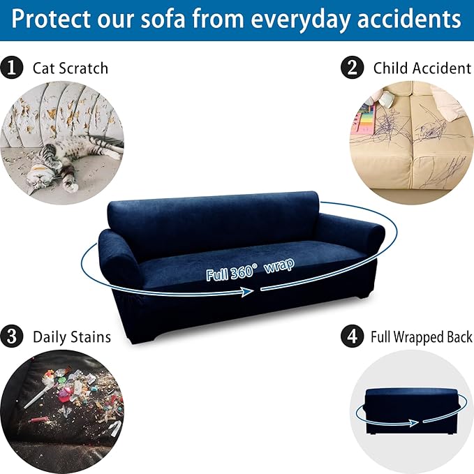 Oversized Sofa Slipcover Leather Look Couch Cover for 4 Seater Sofa 1-Piece Sofa Cover Stretch Furniture Protector with Elastic Bottom & Pockets(XL Sofa, Navy)