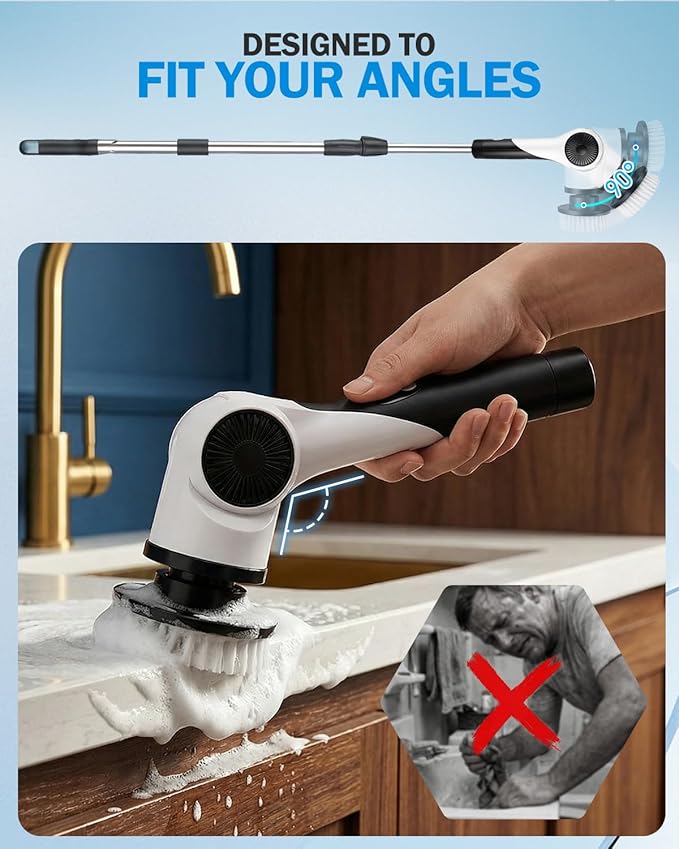 Electric Spin Scrubber, 3-Speed Shower Cleaner Brush with 10 Replaceable Brush Heads, 90 Mins Runtime & Full-Body IPX7 Waterproof Cordless Shower Scrubber with Long Handle