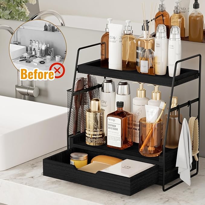 2 Tier Bathroom Counter Organizer Wood - Tiered Bathroom Countertop Shelf with Drawer, Removable Basket & 2 Hooks, Makeup Vanity Organizer for Skincare Perfume Toiletries, 13'' Black