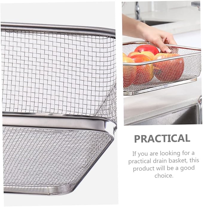 Stainless Steel Fine Mesh Drain Basket 13.4X9.8X3.1In Shallow Colander for Kitchen Sieve and Vegetable Washing Multi-Purpose Strainer with Holes for Easy Water Draining