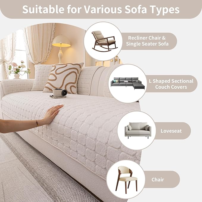 Velvet Sofa Covers Washable, Plush Warm Couch Cover for Sectional Sofa, Funny Fuzzy Couch Covers for Pets&Kids, Non-Slip Sectional Sofa Cover(1PC, Beige White, 35.4"×94.5", Large Sectional)