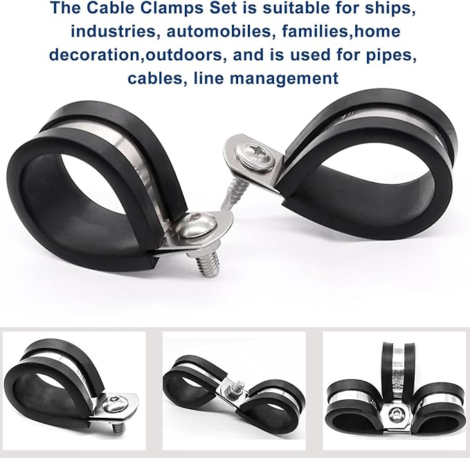 Taiss 50PCS 1/4 Inch Cable Clamps 304 Stainless Steel Rubber Cushion Insulated Pipe Clamps,Loop Clamps,Wire Clamps,Metal Clamp With two kinds of screws (6mm) F-098-6mm